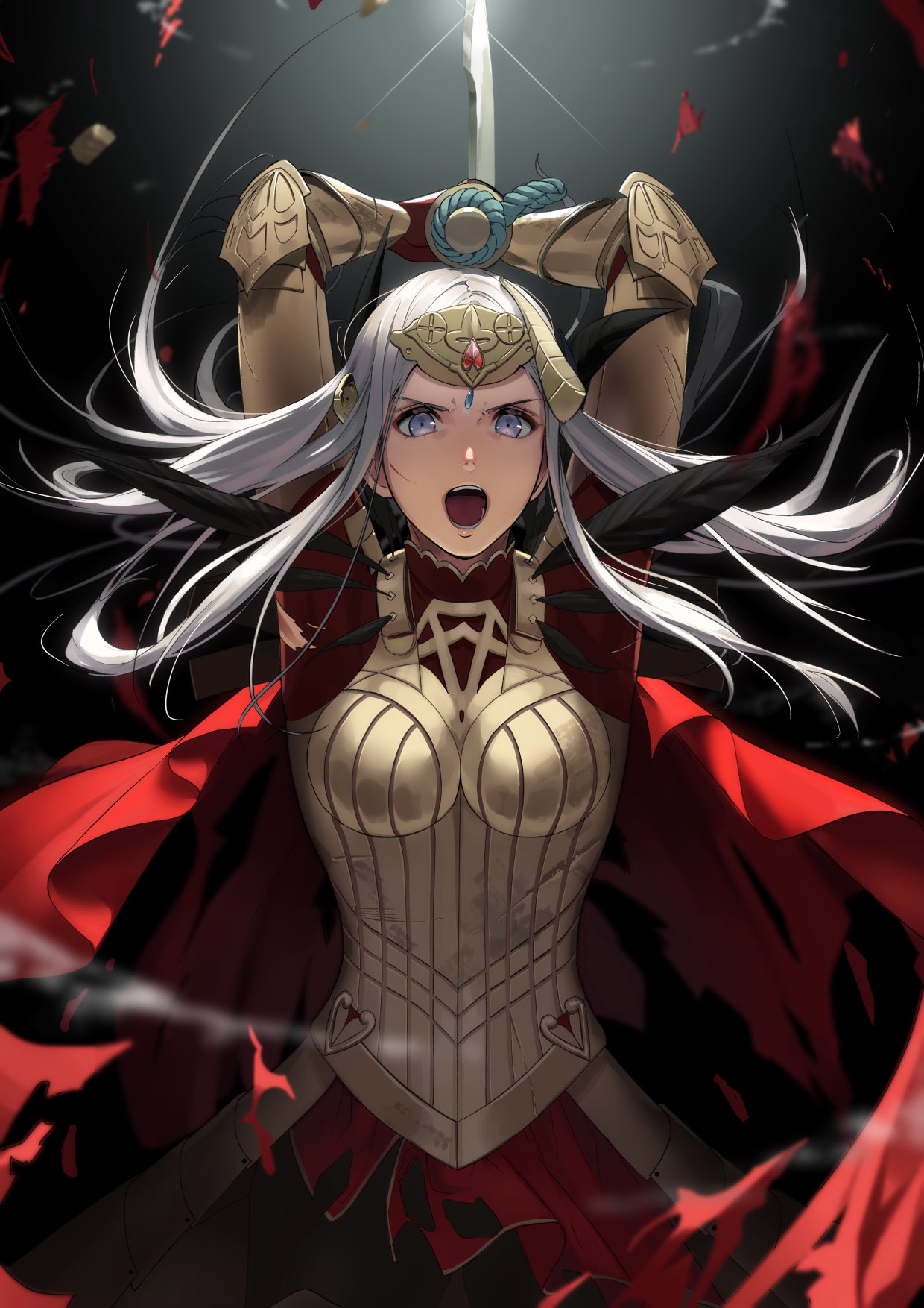 1girl armor axe battle_axe black_background black_feathers boobplate breastplate broken_crown cape commentary_request crown dress edelgard_von_hresvelg fake_horns feather_trim feathers fire_emblem fire_emblem:_three_houses fire_emblem_heroes gauntlets hair_down hair_ornament highres holding holding_axe holding_weapon horn_ornament horns long_hair looking_at_viewer mueririko open_mouth red_cape red_dress scar single_horn solo teeth tiara torn_cape torn_clothes violet_eyes weapon white_hair
