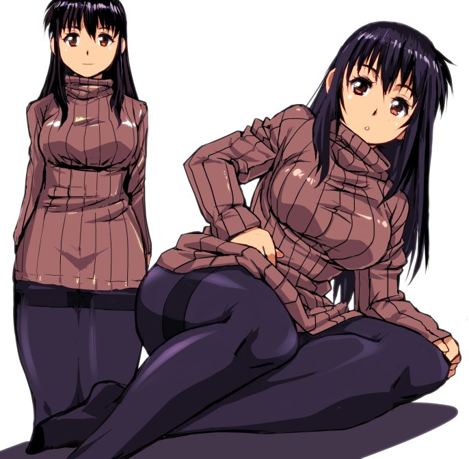 1girl bangs black_hair black_legwear breasts brown_eyes brown_sweater commentary_request long_hair multiple_views original pantyhose parted_lips ribbed_sweater shadow sidelocks simple_background sitting smile solo sweater sweater_girl_(yuya) thighband_pantyhose yuya