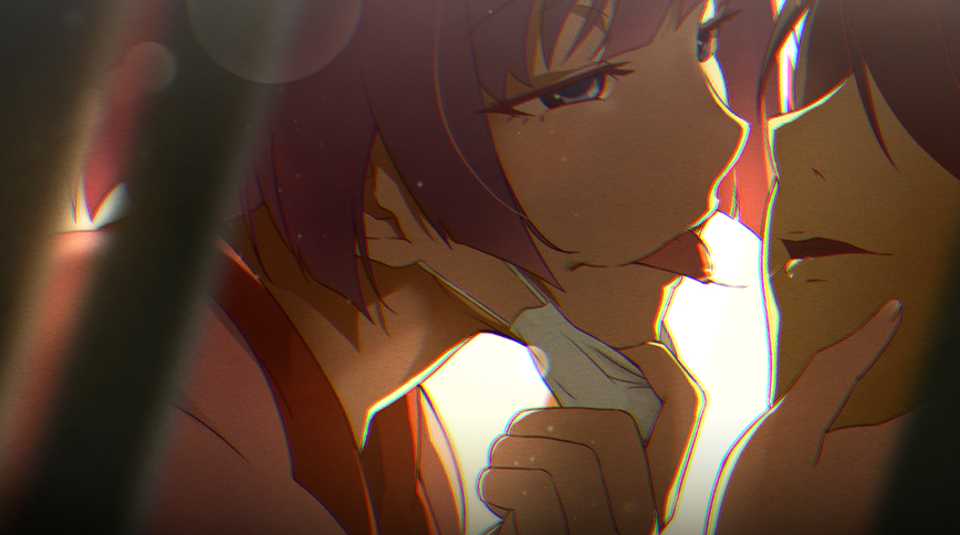 1boy 1girl after_kiss araragi_koyomi bangs black_hair blue_eyes closed_eyes gesugesu_ahoaho hetero mask_pull monogatari_(series) parted_lips purple_hair saliva saliva_trail senjougahara_hitagi short_hair solo tongue tongue_out