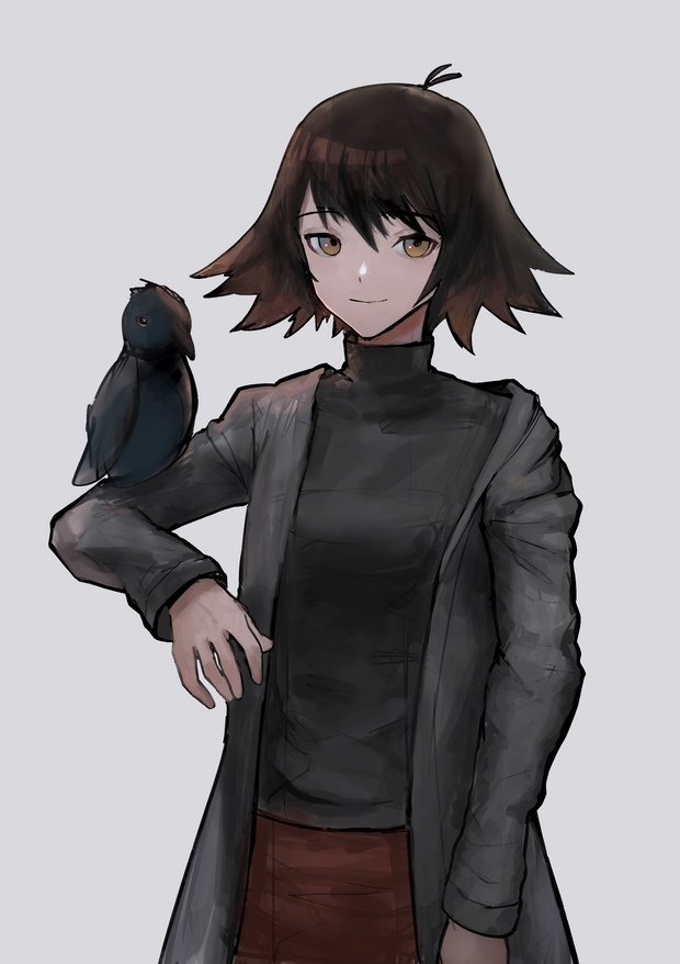 1girl animal_on_arm arqa bird bird_on_arm black_hair black_shirt brown_eyes crow grey_jacket jacket kansuke_(yesterday_wo_utatte) light_smile looking_at_viewer nonaka_haru red_skirt shirt short_hair simple_background skirt standing yesterday_wo_utatte