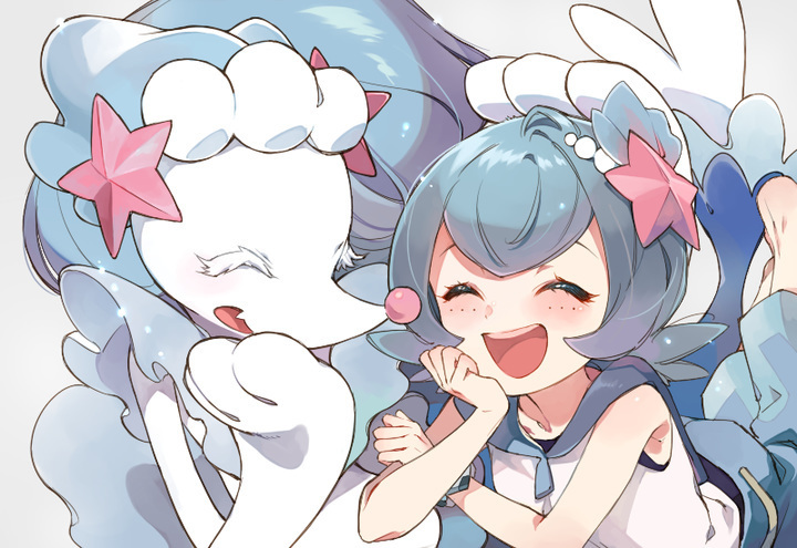 1girl bangs bare_arms blue_hair blue_pants blush closed_eyes commentary_request eyelashes freckles gen_7_pokemon hand_on_own_chin happy lana_(pokemon) open_mouth pants pokemon pokemon_(anime) pokemon_(creature) pokemon_sm_(anime) primarina sailor_collar sandals sasairebun shiny shiny_hair shirt starfish_hair_ornament teeth tongue