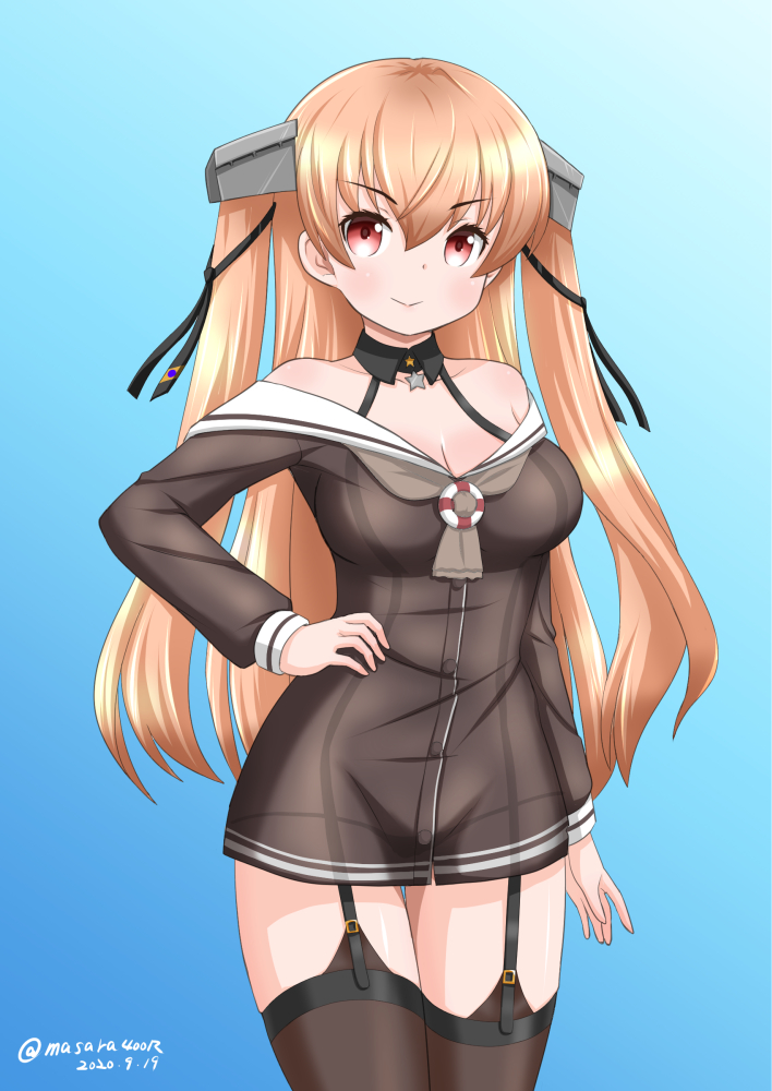 1girl adapted_costume amatsukaze_(kantai_collection) amatsukaze_(kantai_collection)_(cosplay) black_legwear blue_background breasts brown_dress brown_eyes cosplay cowboy_shot dated dress garter_straps gradient gradient_background hair_ornament hand_on_hip johnston_(kantai_collection) kantai_collection lifebuoy_ornament light_brown_hair long_hair looking_at_viewer masara_(chuujou) medium_breasts off_shoulder sailor_collar sailor_dress short_dress solo standing thigh-highs twitter_username two_side_up white_sailor_collar