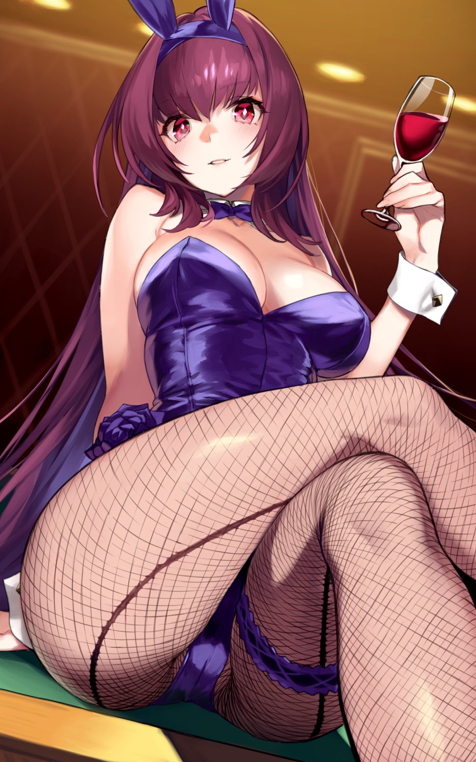 1girl 92m alcohol animal_ears bangs blush breasts bunnysuit crossed_legs cup detached_collar drinking_glass fake_animal_ears fate/grand_order fate_(series) fishnet_legwear fishnets hair_between_eyes highleg highleg_leotard highres large_breasts leg_garter leotard long_hair looking_at_viewer pantyhose parted_lips purple_hair purple_leotard rabbit_ears red_eyes scathach_(fate)_(all) scathach_(fate/grand_order) sitting smile thighs wine wine_glass wrist_cuffs