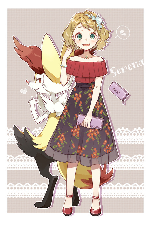 1girl alternate_costume bag bangs blush braixen character_name collarbone commentary_request gen_6_pokemon green_eyes hair_ornament hand_up handbag heart holding holding_purse jewelry light_brown_hair looking_at_viewer necklace open_mouth pokemon pokemon_(anime) pokemon_(creature) pokemon_xy_(anime) red_footwear sasairebun see-through serena_(pokemon) shiny shiny_hair short_hair skirt smile spoken_sweatdrop sweatdrop tongue