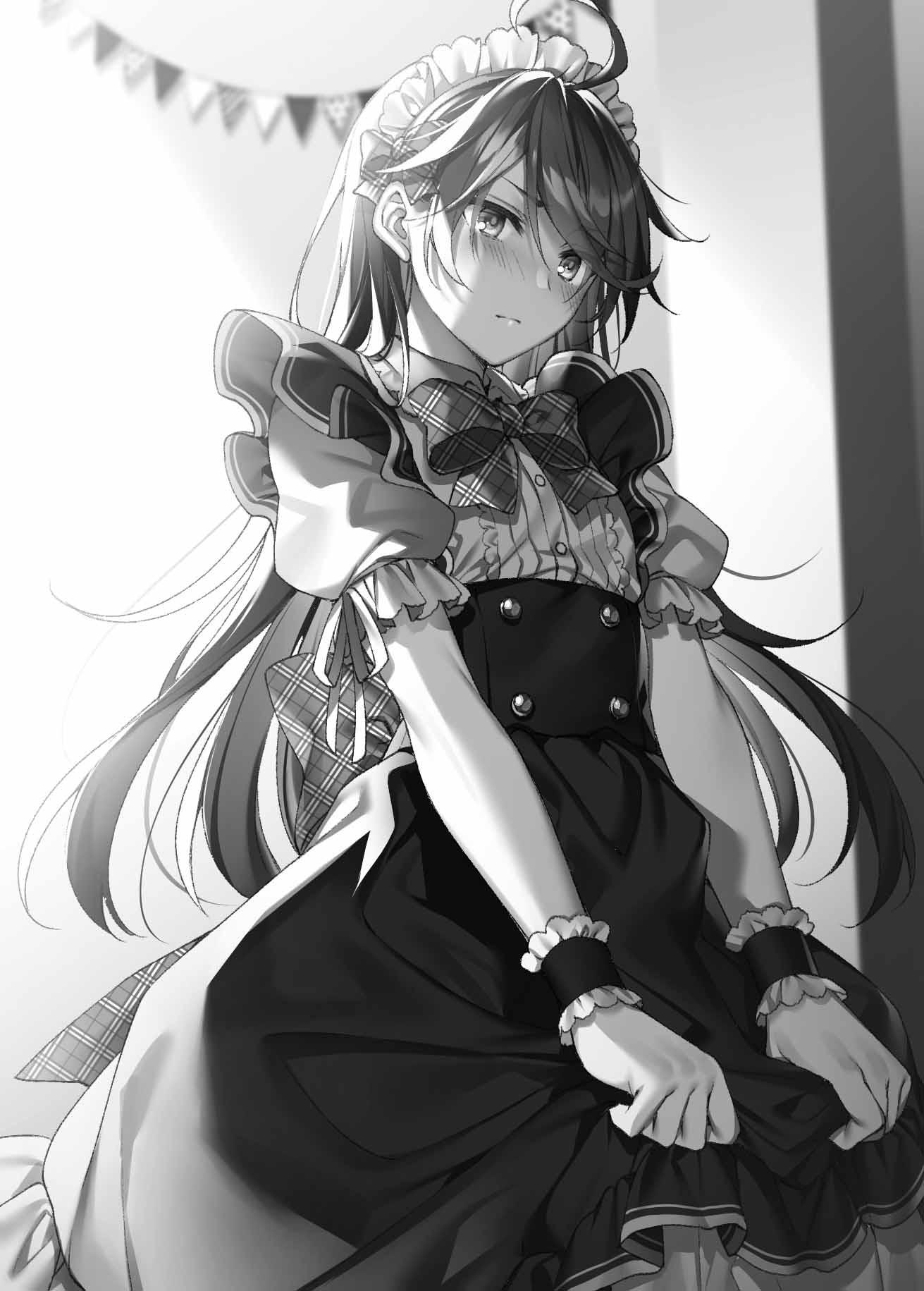 1boy ahoge blush bow bowtie collarbone crossdressinging greyscale highres leonis_(seiken_gakuin_no_maken_tsukai) maid maid_dress maid_headdress monochrome official_art otoko_no_ko seiken_gakuin_no_maken_tsukai short_sleeves solo standing toosaka_asagi wrist_cuffs