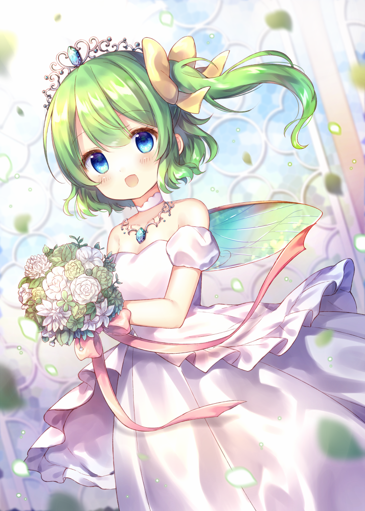 1girl :d bangs bare_shoulders blue_eyes blurry blurry_background blush bouquet bow collarbone commentary_request daiyousei depth_of_field detached_sleeves dress eyebrows_visible_through_hair fairy_wings flower green_flower green_hair green_wings hair_between_eyes hair_bow holding holding_bouquet leaves_in_wind one_side_up open_mouth pjrmhm_coa puffy_short_sleeves puffy_sleeves rose short_sleeves smile solo strapless strapless_dress tiara touhou wedding_dress white_dress white_flower white_rose white_sleeves wings yellow_bow