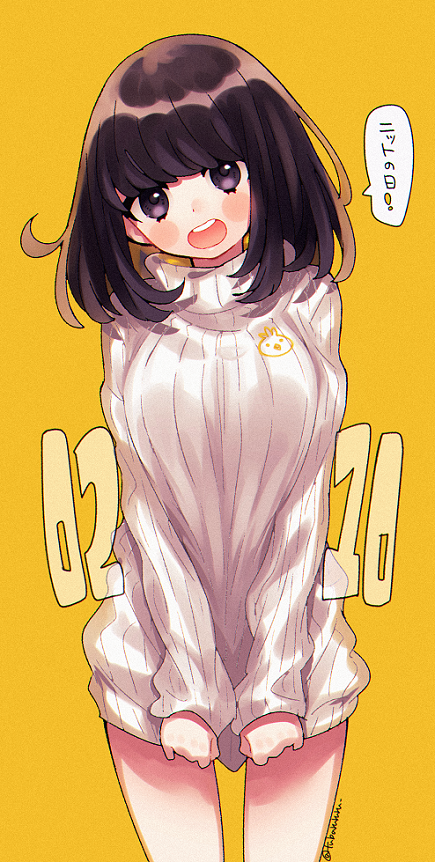 1girl bangs bird_hoodie_girl_(tsubaki_tsubara) black_eyes black_hair blunt_bangs blush breasts chick_print cloth_pull medium_hair original signature speech_bubble sweater tsubaki_tsubaru turtleneck turtleneck_sweater white_sweater