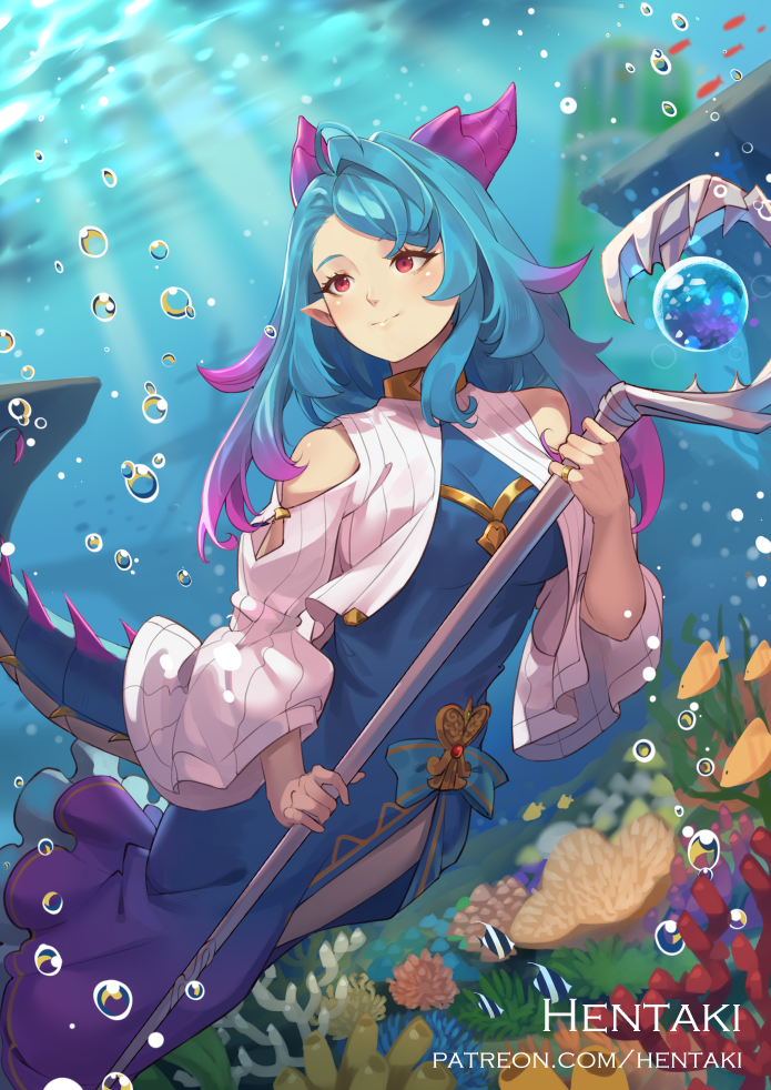 1girl air_bubble animal artist_name bangs bare_shoulders blue_dress blue_hair blurry blurry_background blush breasts bubble closed_mouth commentary coral dappled_sunlight day depth_of_field dragalia_lost dress english_commentary eyebrows_visible_through_hair fish gradient_hair hentaki holding holding_staff horns long_hair long_sleeves looking_away looking_to_the_side medium_breasts mercury_(dragalia_lost) multicolored_hair orb outdoors pointy_ears purple_hair red_eyes shirt shoulder_cutout smile solo spiked_tail staff sunlight swept_bangs tail underwater water watermark web_address white_shirt wide_sleeves