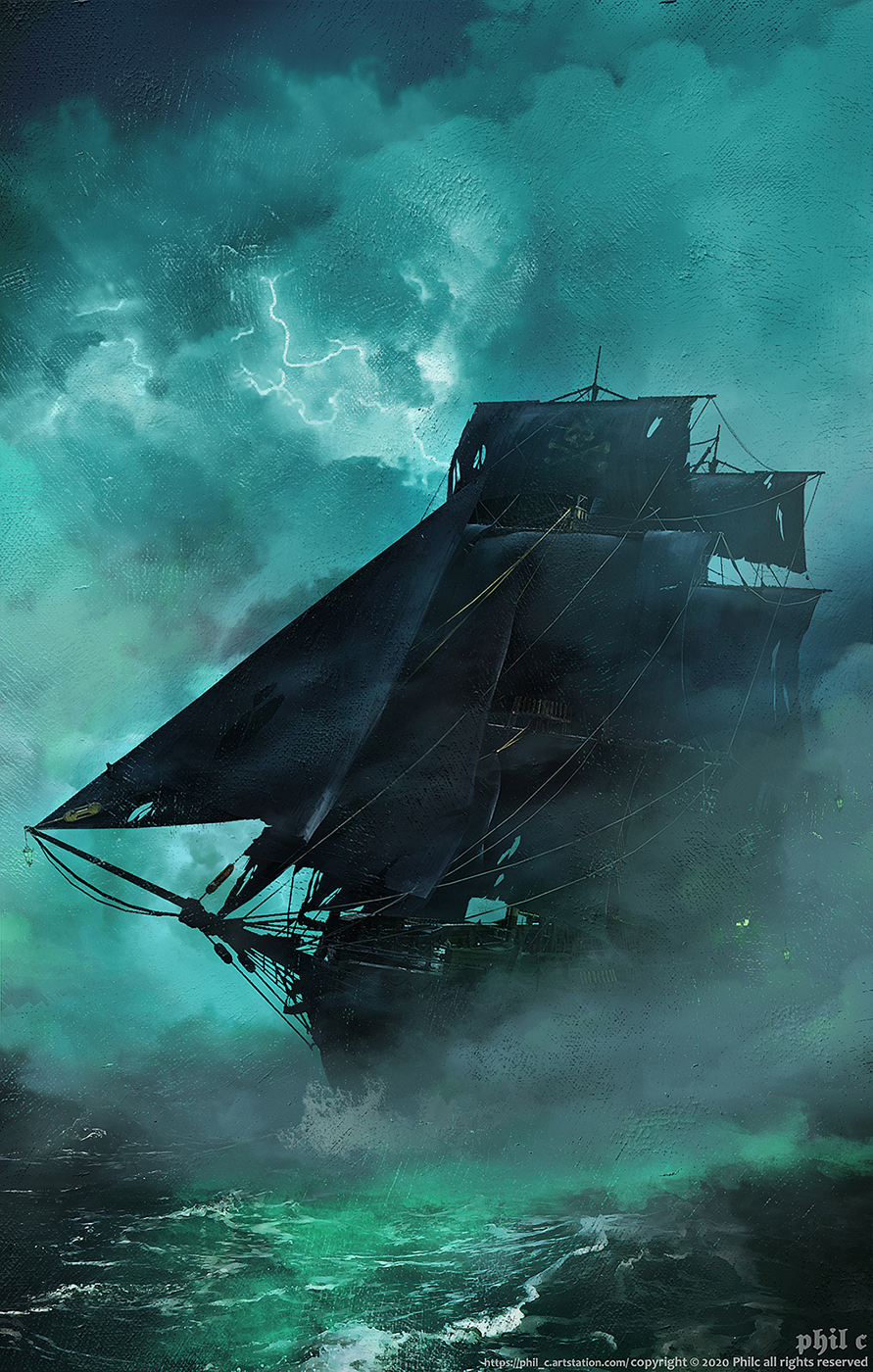 artist_name clouds cloudy_sky commentary fog ghost_ship highres no_humans ocean original phil_c pirate_ship sail scenery ship skull_and_crossbones sky thunder torn torn_sail water watercraft watermark web_address