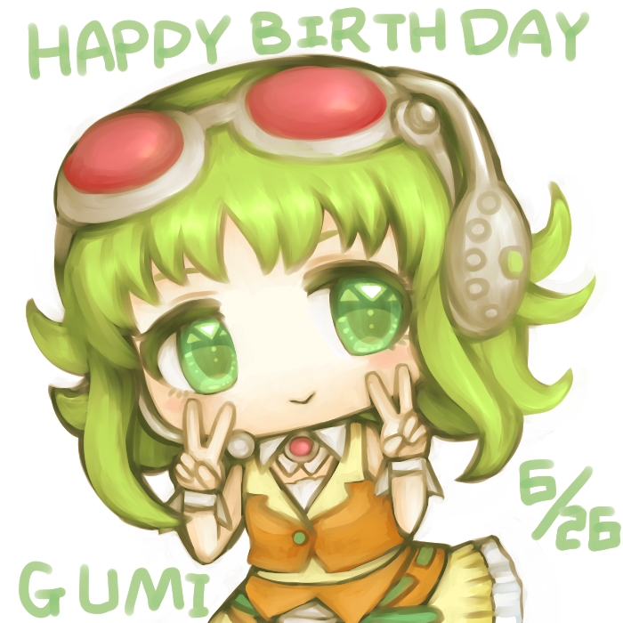 1girl :&gt; bare_shoulders belt brooch character_name chibi commentary cowboy_shot dated double_v goggles green_eyes green_hair gumi hands_up happy_birthday headset jewelry layered_skirt orange_shirt orange_skirt red_goggles shirt skirt smile solo v vocaloid white_background yoruake_hoshiko