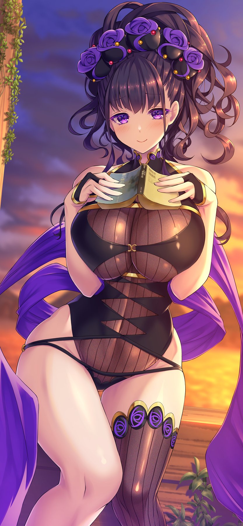 1girl armlet bangs bare_shoulders beach black_gloves black_swimsuit blush book breasts closed_mouth covered_navel emanon123 fate/grand_order fate_(series) fingerless_gloves flower gloves gold_trim gradient_sky hair_flower hair_ornament hair_up half_gloves highleg highleg_swimsuit highres holding holding_book large_breasts long_hair looking_at_viewer murasaki_shikibu_(fate) murasaki_shikibu_(swimsuit_rider)_(fate) one-piece_swimsuit orange_sky purple_hair purple_sky shawl single_thighhigh sky smile swimsuit thigh-highs thighs tied_hair twilight violet_eyes