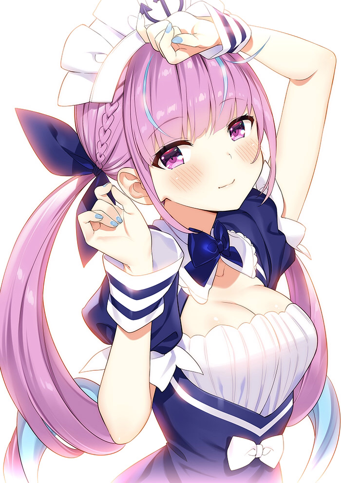 1girl anchor_symbol arm_above_head arm_up backlighting bangs blue_nails blunt_bangs blush bow breasts cleavage_cutout collarbone commentary_request eyebrows_visible_through_hair hololive long_hair maid_headdress minato_aqua purple_hair smile solo violet_eyes virtual_youtuber zpolice