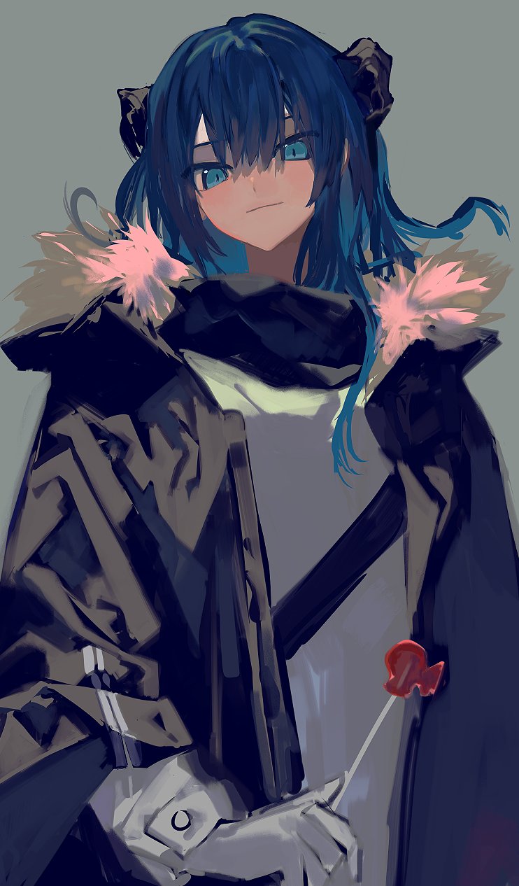 1girl arknights black_jacket blue_eyes blue_hair candy closed_mouth coat commentary demon_horns eyes_visible_through_hair food fur-trimmed_jacket fur_trim gloves grey_background highres horns jacket long_hair mostima_(arknights) open_clothes open_coat shirt solo white_gloves white_shirt ykyko0