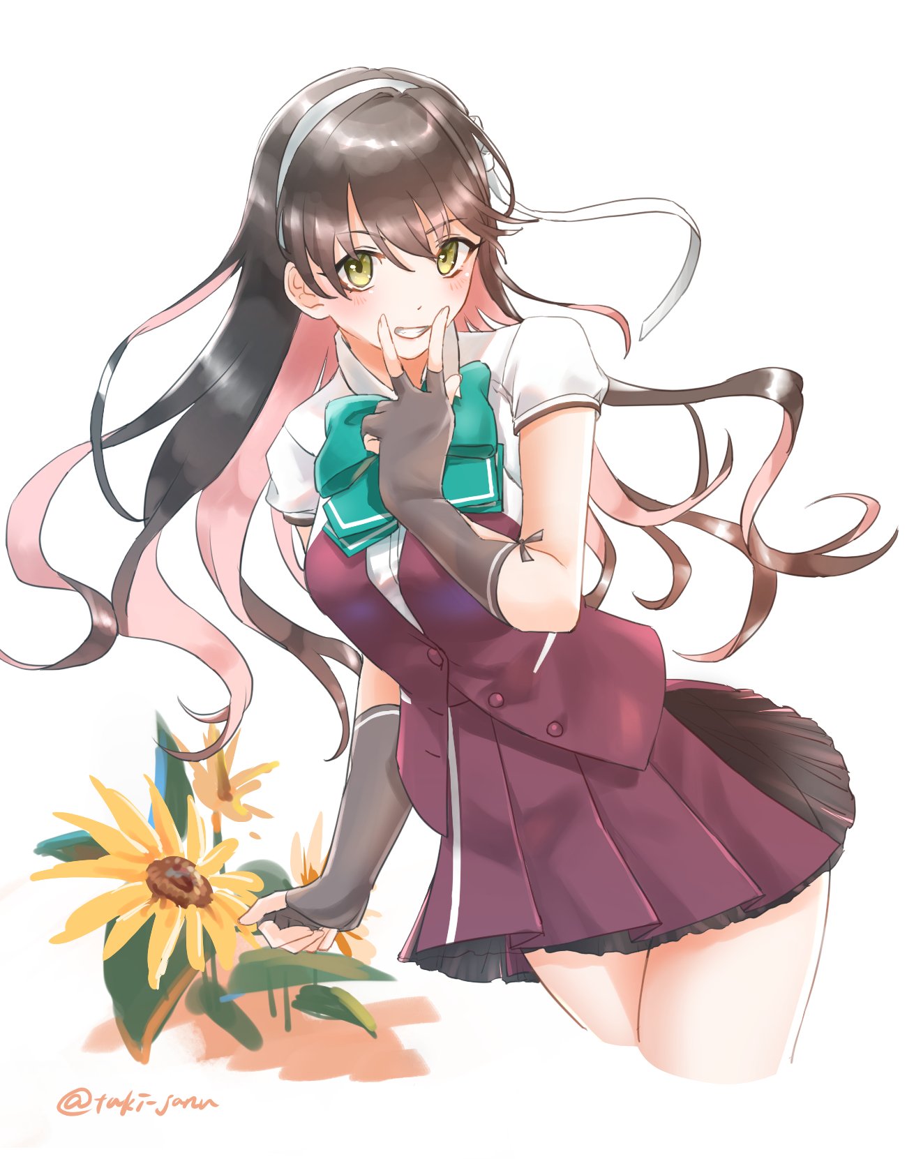 1girl black_hair blouse bow bowtie breasts brown_gloves cowboy_shot cropped_legs fingerless_gloves flower gloves grey_legwear hair_down hairband highres kantai_collection large_breasts long_hair multicolored_hair naganami_(kantai_collection) pink_hair pleated_skirt remodel_(kantai_collection) short_sleeves simple_background skirt solo thigh-highs tsukimura_(d24f4z8j3t) twitter_username two-tone_hair vest wavy_hair white_background white_blouse white_hairband yellow_eyes