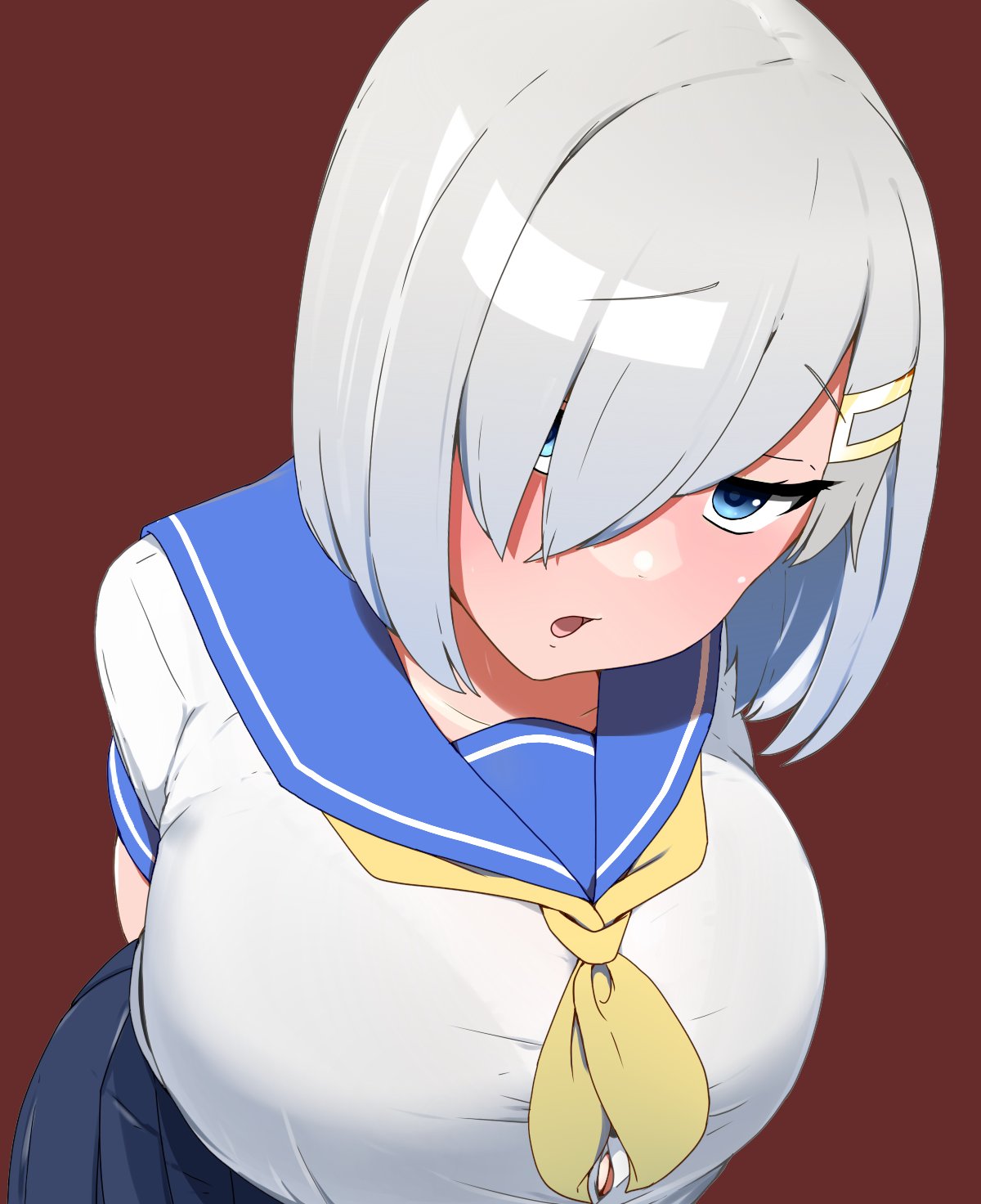 1girl arms_behind_back blue_eyes blue_sailor_collar breasts commentary_request hair_ornament hair_over_one_eye hairclip hamakaze_(kantai_collection) hauto-san highres kantai_collection large_breasts leaning_forward neckerchief pleated_skirt sailor_collar school_uniform serafuku short_hair silver_hair skirt solo upper_body yellow_neckwear