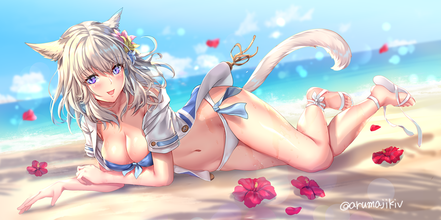 1girl :d animal_ears aruma_jiki bangs beach bikini blush breasts cat_ears cat_tail day final_fantasy final_fantasy_xiv flower hair_flower hair_ornament hibiscus jacket large_breasts looking_at_viewer medium_hair miqo'te navel open_clothes open_jacket open_mouth outdoors sandals slit_pupils smile solo swimsuit tail thighs violet_eyes wet white_bikini white_hair