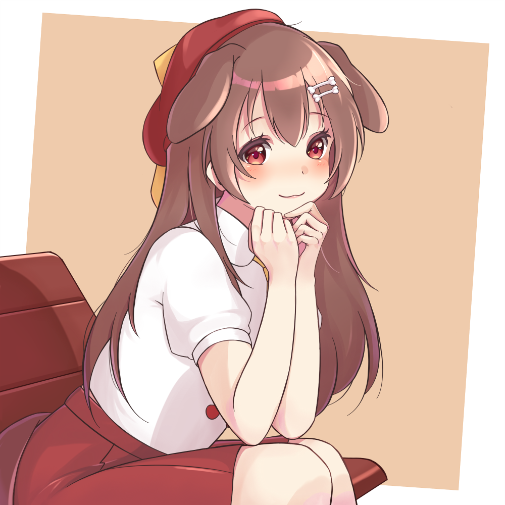 1girl :3 animal_ears bench beret bone_hair_ornament brown_background brown_eyes brown_hair c_turtle closed_mouth commentary dog_tail english_commentary eyebrows_visible_through_hair from_side hair_between_eyes hat hololive inugami_korone korone long_hair red_skirt redhead shirt short_sleeves sitting skirt smile solo tail virtual_youtuber white_shirt