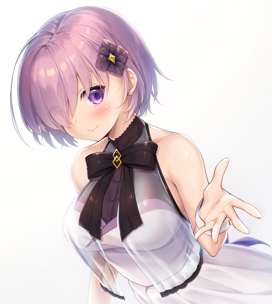 1girl arm_at_side bangs bare_shoulders black_neckwear black_ribbon blush bow breasts closed_mouth collarbone commentary_request dress dutch_angle eyes_visible_through_hair fate/grand_order fate_(series) flower grey_background hair_flower hair_ornament hair_over_one_eye hand_up large_breasts looking_at_viewer mash_kyrielight nullken reaching_out red_shirt ribbon see-through shirt short_hair sleeveless smile solo upper_body violet_eyes white_background white_dress wrist_cuffs