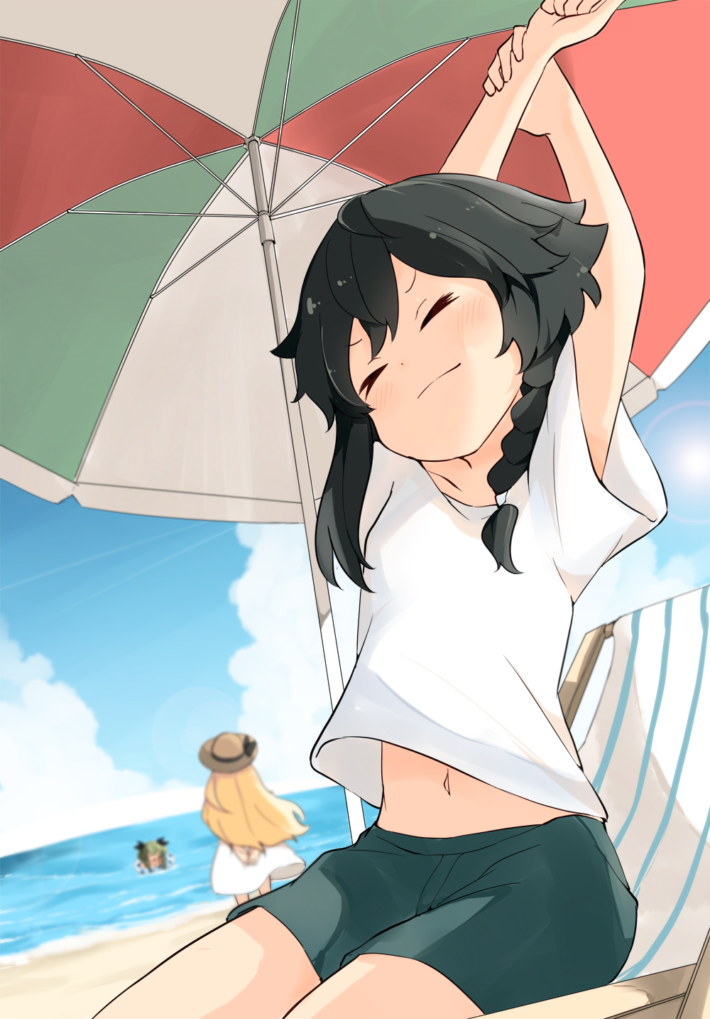 3girls anchovy_(girls_und_panzer) arm_grab arms_up bangs barashiya beach beach_chair beach_umbrella black_hair black_shorts blonde_hair blue_sky blurry blurry_background braid brown_eyes brown_headwear carpaccio_(girls_und_panzer) clouds cloudy_sky depth_of_field dress girls_und_panzer green_hair hair_tie hat head_tilt highres horizon medium_dress multiple_girls navel ocean pepperoni_(girls_und_panzer) shirt short_hair short_sleeves shorts side_braid sitting sky solo_focus standing stretch sun_hat swimming t-shirt umbrella white_dress