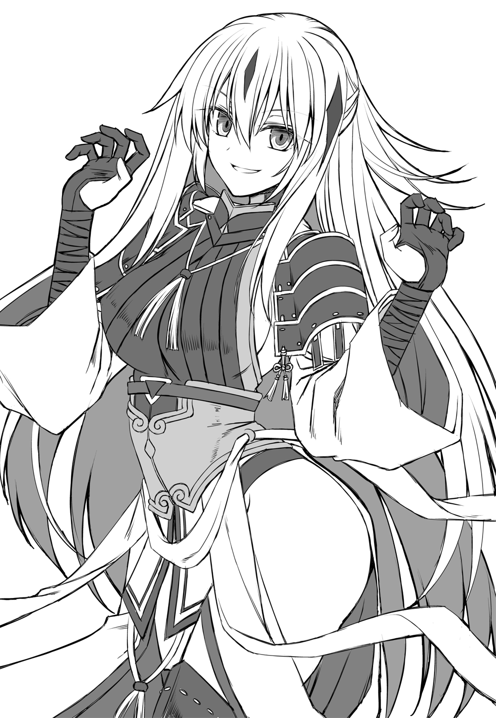 1girl armor breasts commentary_request cowboy_shot fate/grand_order fate_(series) greyscale hair_between_eyes highres kiriya_(aprikose_0312) large_breasts long_hair long_sleeves looking_at_viewer monochrome nagao_kagetora_(fate) simple_background smile solo standing very_long_hair white_background