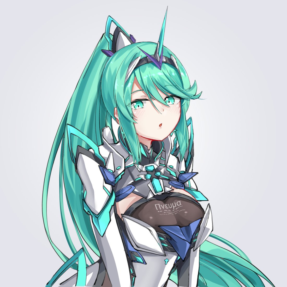 1girl :o bangs breasts chest_jewel commentary_request earrings green_eyes green_hair grey_background jewelry large_breasts long_hair pneuma_(xenoblade) ponytail sarasadou_dan simple_background solo spoilers swept_bangs tiara upper_body very_long_hair xenoblade_chronicles_(series) xenoblade_chronicles_2