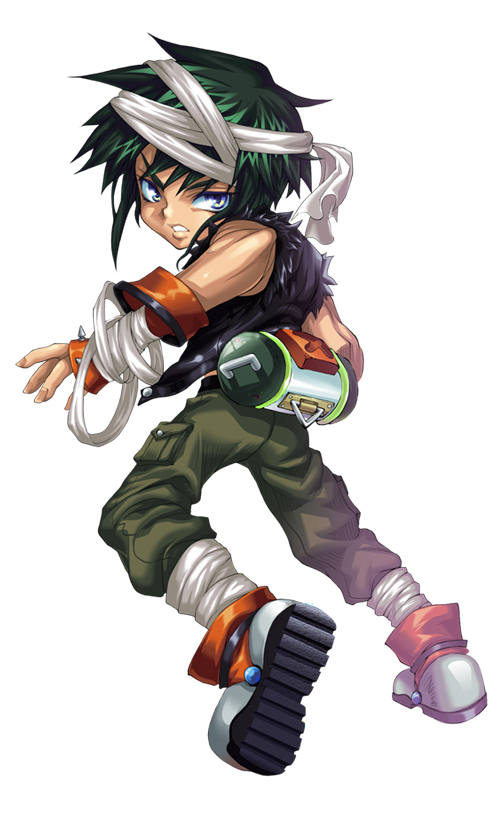 1boy ass back_view bandaged_arm bandaged_head bandages container fingerless_gloves green_hair grey_eyes jeans looking_back mini_fighter official_art parted_lips raizin serious solo teeth vest