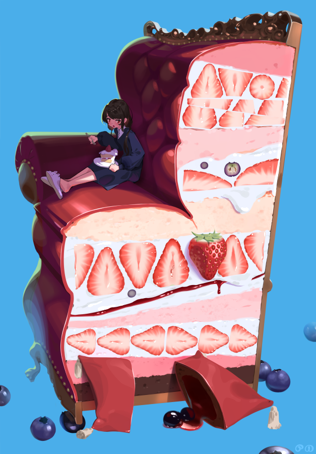 1girl :o animal_slippers bangs blue_background blue_dress blueberry brown_hair bunny_slippers cake cake_slice collared_dress couch cross-section donuttypd dress eating food fruit hair_over_shoulder holding in_food long_hair long_sleeves low_twintails original oversized_food oversized_object plate puffy_long_sleeves puffy_sleeves shade simple_background sitting slippers solo strawberry strawberry_shortcake themed_object twintails whipped_cream