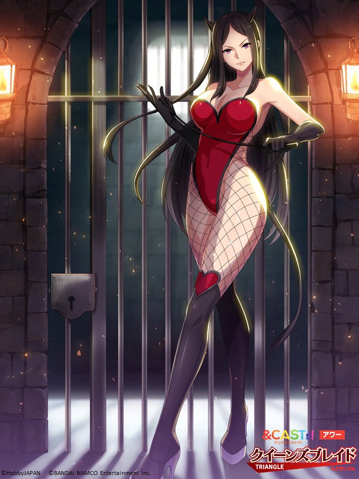 1girl bare_shoulders black_gloves black_hair black_legwear breasts closed_mouth collarbone commentary_request copyright_name dominatrix fishnet_legwear fishnets gloves hair_ornament heart horns indoors large_breasts leotard long_hair looking_at_viewer official_art prison queen's_blade queen's_blade_white_triangle red_leotard shoes solo standing taylor_(queen's_blade) violet_eyes whip white_footwear