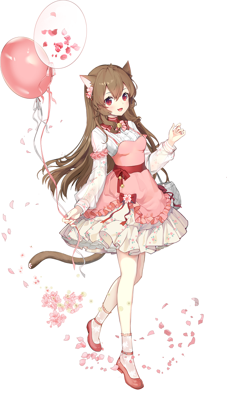 1girl animal_ear_fluff animal_ears artist_request balloon bangs breasts brown_hair dress flats flower frilled_dress frills highres holding long_hair long_sleeves looking_at_viewer official_art open_mouth original pink_footwear red_eyes red_ribbon ribbon simple_background socks solo tail white_background