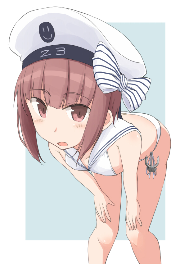 1girl bikini blue_background border brown_eyes brown_hair clothes_writing dress hat kantai_collection kugui_kiyunemu leaning_forward sailor_bikini sailor_collar sailor_dress sailor_hat short_hair smiley_face solo standing swimsuit two-tone_background white_bikini white_border white_headwear z3_max_schultz_(kantai_collection)