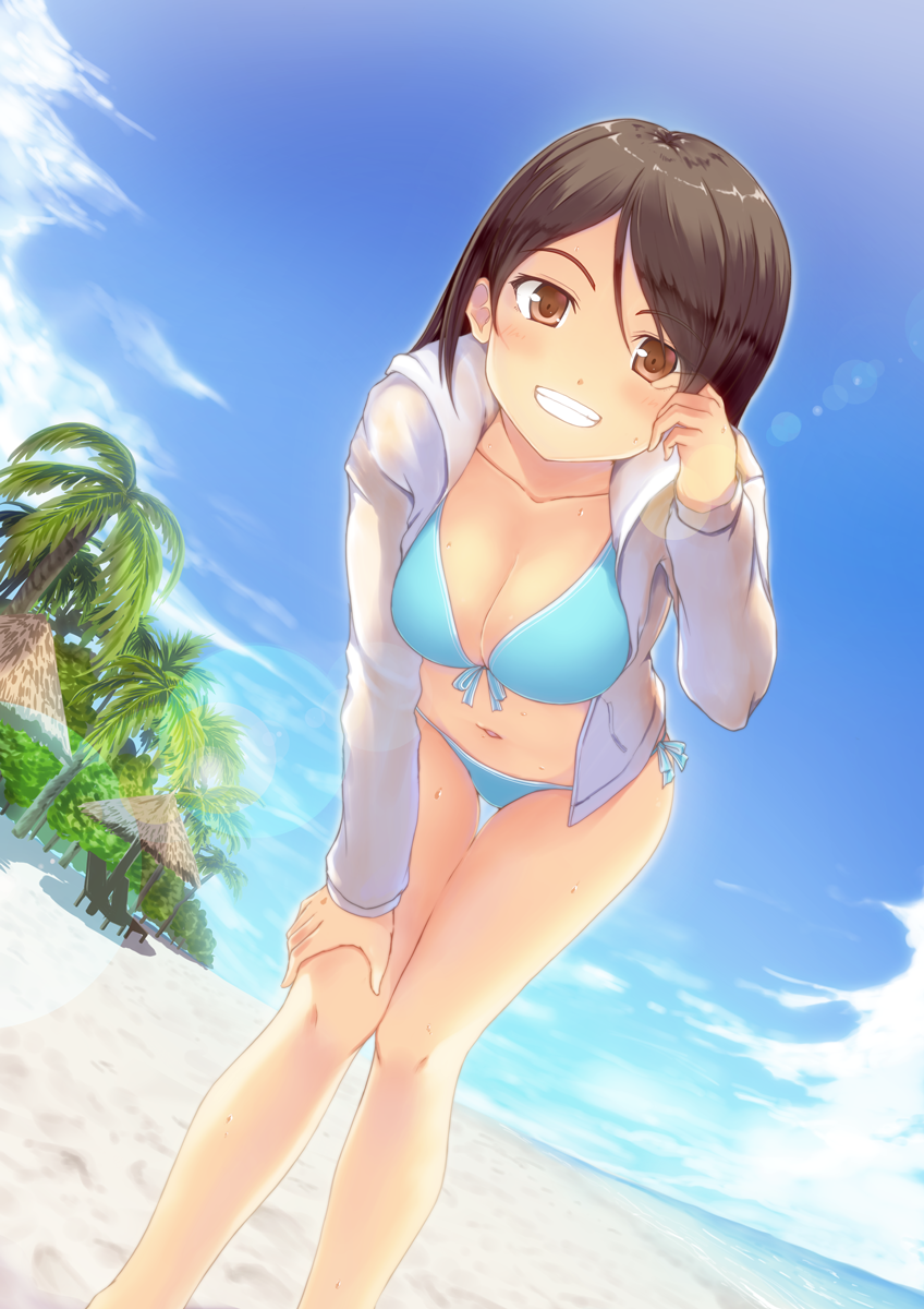 1girl bangs beach bikini blue_bikini blue_sky blush breasts brown_eyes brown_hair chair clouds collarbone day dripping dutch_angle eyebrows_visible_through_hair front-tie_bikini front-tie_top grin hand_on_own_knee hand_up highres hood hoodie horizon knees_together_feet_apart leaning_forward lens_flare looking_at_viewer lounge_chair medium_breasts navel ocean open_clothes open_hoodie original orishin outdoors palm_tree parted_bangs sand see-through side-tie_bikini sky smile solo standing sunlight swimsuit thigh_gap tree wet wet_clothes