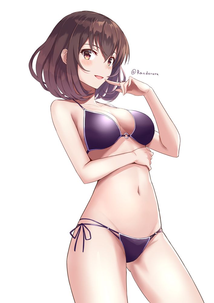 1girl alternate_hairstyle bikini blush breasts brown_eyes brown_hair finger_to_mouth kasumigaoka_utaha looking_at_viewer medium_breasts o-ring o-ring_bikini o-ring_top open_mouth purple_bikini randoru saenai_heroine_no_sodatekata short_hair side-tie_bikini simple_background smile solo swimsuit thighs twitter_username white_background