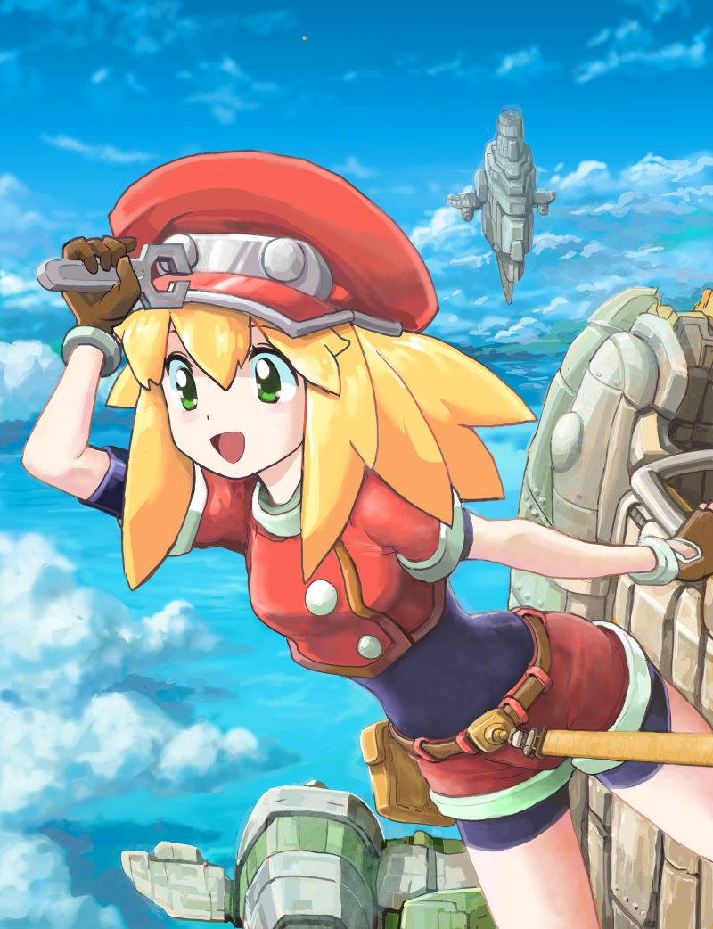 1girl belt bike_shorts bike_shorts_under_shorts blonde_hair blue_sky breasts brown_gloves cabbie_hat capcom clouds gloves green_eyes hat holding holding_wrench long_hair menome open_mouth red_headwear red_shorts rockman rockman_dash roll_caskett short_sleeves shorts sky small_breasts smile solo wrench