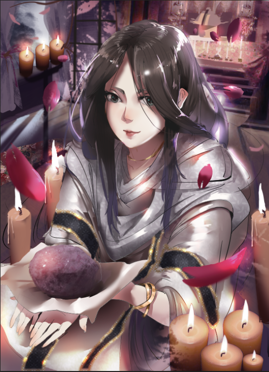 1girl bangs black_hair breasts candle closed_mouth collarbone divine_child_of_rejuvenation green_eyes japanese_clothes kimono long_hair long_sleeves medium_breasts mikakuwa miko ohagi_(food) paper parted_bangs petals rice sekiro:_shadows_die_twice smile solo tatami wide_sleeves