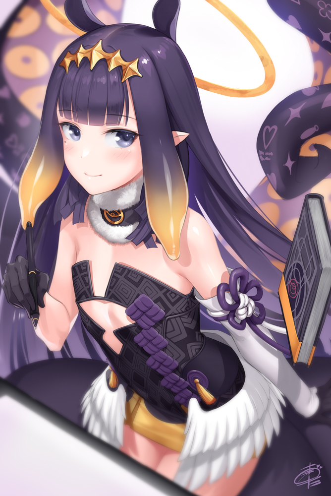 1girl bangs blunt_bangs blush book breasts collar dress extra_ears fur_trim halo holding holding_book hololive hololive_english long_hair mole mole_under_eye monster_girl ninomae_ina'nis okitakung pen pointy_ears purple_hair scylla skirt small_breasts smile solo tentacle_hair tentacles very_long_hair violet_eyes virtual_youtuber watermark