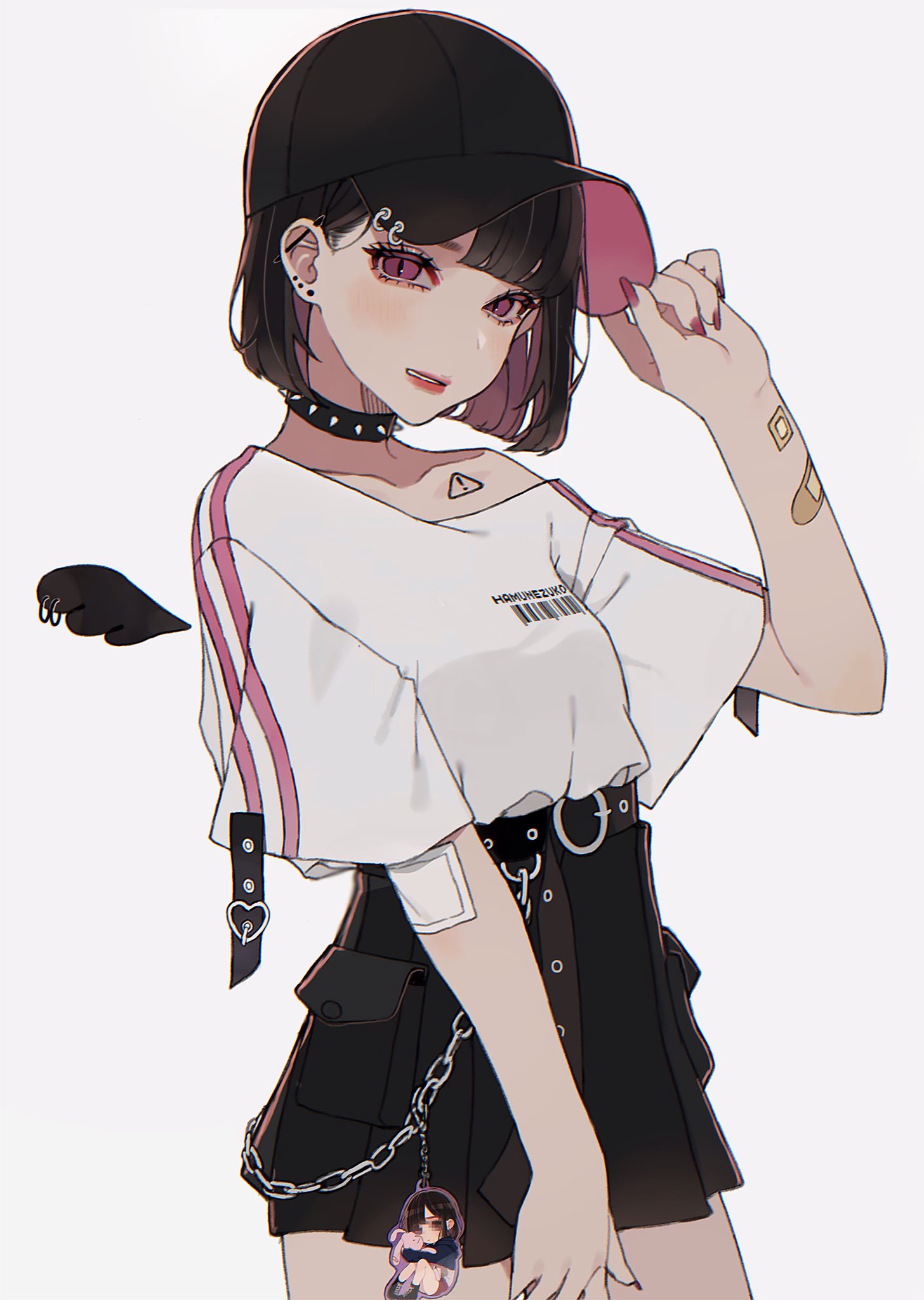 1girl bandaid bandaid_on_arm barcode belt black_collar black_hair black_headwear blush chain collar collarbone daluto_(hitomi555) detached_wings ear_piercing earrings fingernails grey_background hand_on_headwear hat highres jewelry keychain long_fingernails multicolored multicolored_hair o-ring o-ring_belt original parted_lips piercing pink_nails pouch purple_hair red_lips shirt_tucked_in short_hair simple_background slit_pupils solo spiked_collar spikes tattoo violet_eyes wings