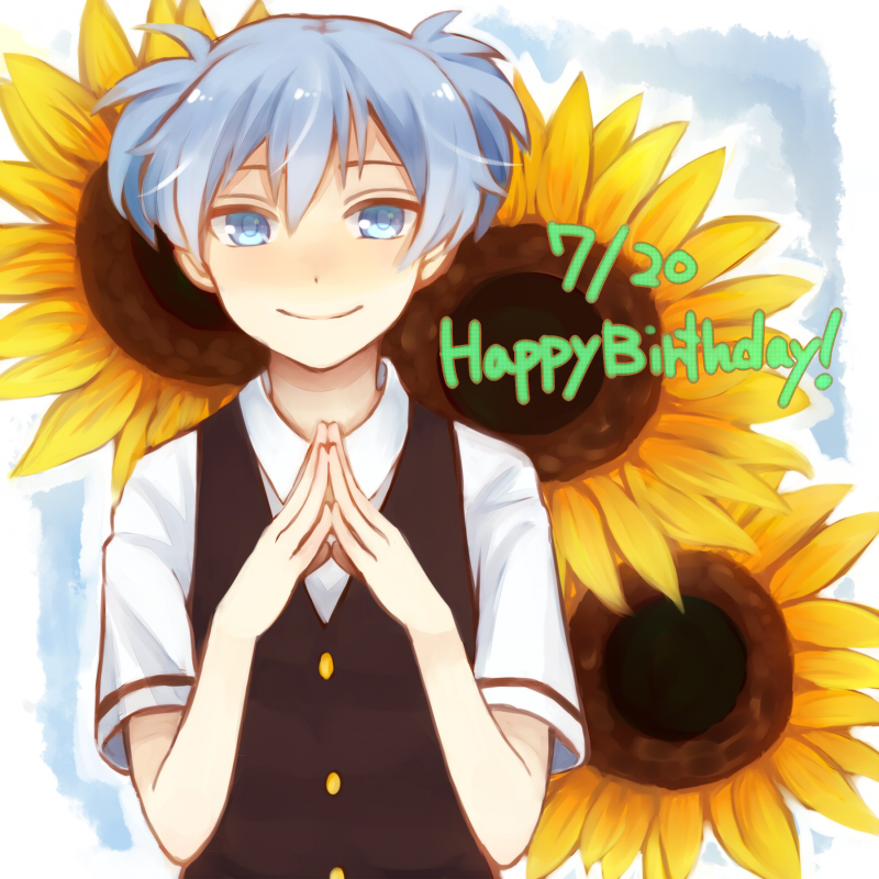 1boy ansatsu_kyoushitsu blue_eyes blue_hair chocore collar dated flower hands_together kunugigaoka_middle_school_uniform looking_at_viewer male_focus otoko_no_ko school_uniform shiota_nagisa shirt short_hair short_twintails smile solo sunflower twintails