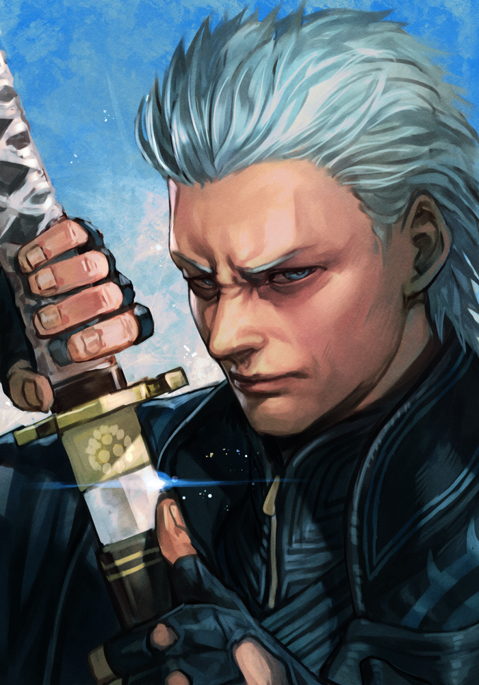 1boy black_gloves black_jacket blue_eyes closed_mouth devil_may_cry devil_may_cry_5 face fingerless_gloves gloves hankuri holding holding_sword holding_weapon hankuri jacket katana looking_at_viewer sheath simple_background solo spoilers sword unsheathing vergil weapon white_hair zipper