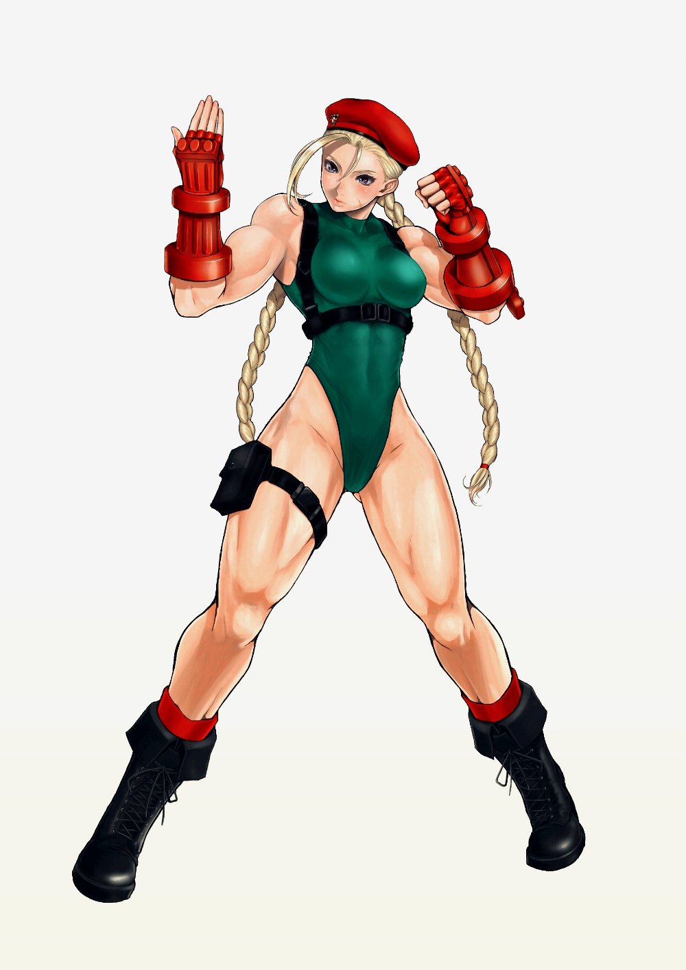 1girl anagumasan bangs bare_shoulders beret black_footwear blonde_hair boots braid breasts cammy_white clenched_hand closed_mouth commentary_request covered_navel facial_scar fighting_stance fingerless_gloves full_body gauntlets gloves green_leotard hat highleg highleg_leotard highres holster leotard lips medium_breasts muscle muscular_female scar scar_on_cheek simple_background sleeveless solo street_fighter thigh_holster tied_hair twin_braids twintails white_background