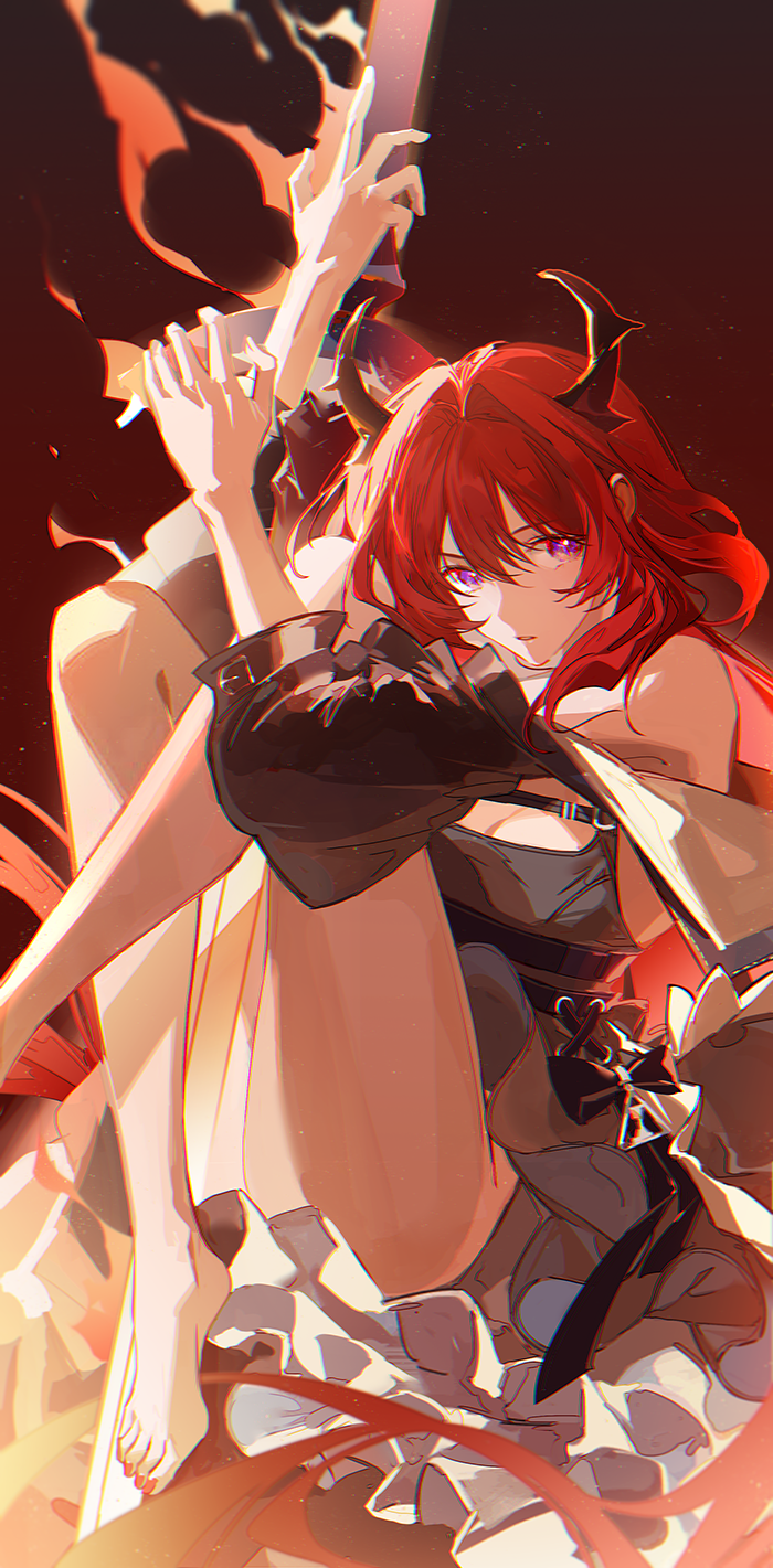 1girl arknights bangs bare_shoulders barefoot commentary hair_between_eyes highres horns long_hair looking_at_viewer parted_lips redhead satsuya solo surtr_(arknights) thighs toenail_polish violet_eyes