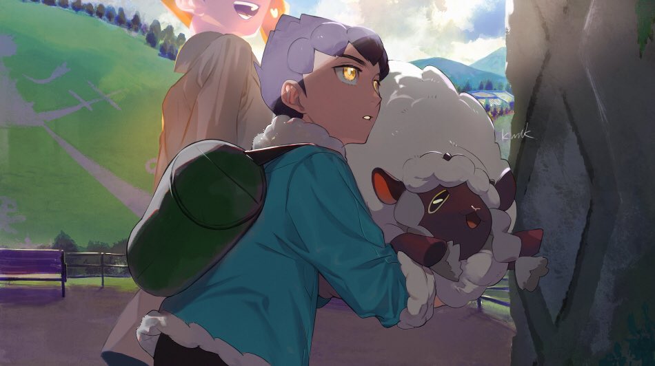 1boy 1girl aqua_jacket artist_name bench brown_coat clouds coat commentary_request day fence forest fur-trimmed_jacket fur_trim gen_8_pokemon grass green_bag hair_ornament heart heart_hair_ornament holding holding_pokemon hop_(pokemon) jacket kmtk looking_to_the_side meadow nature open_mouth orange_hair outdoors parted_lips pokemon pokemon_(creature) pokemon_(game) pokemon_swsh sky sonia_(pokemon) teeth tongue tree wooloo yellow_eyes