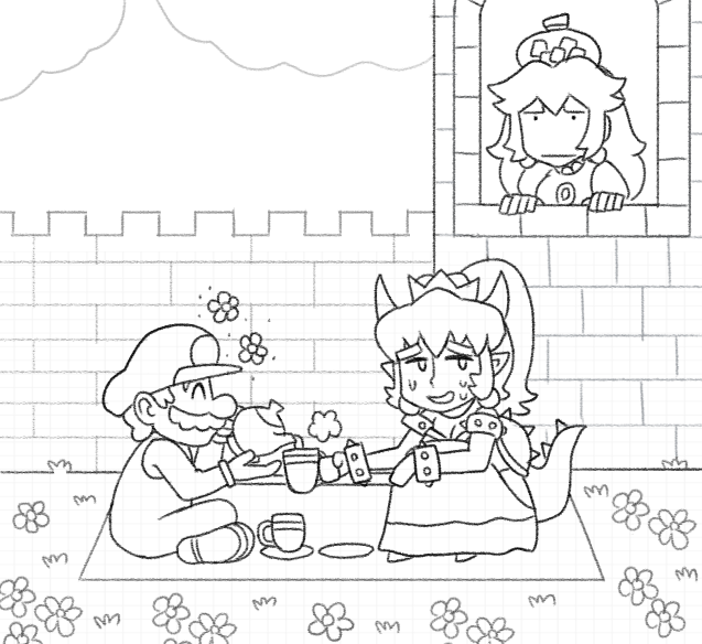 1boy 2girls ayyk92 blanket bowsette collar crown cup dish flower gloves hat mario super_mario_bros. monochrome multiple_girls new_super_mario_bros._u_deluxe nintendo overalls princess_peach source_request spiked_armlet spiked_collar spiked_gauntlets spiked_shell spiked_tail spikes super_crown tail teacup teapot turtle_shell