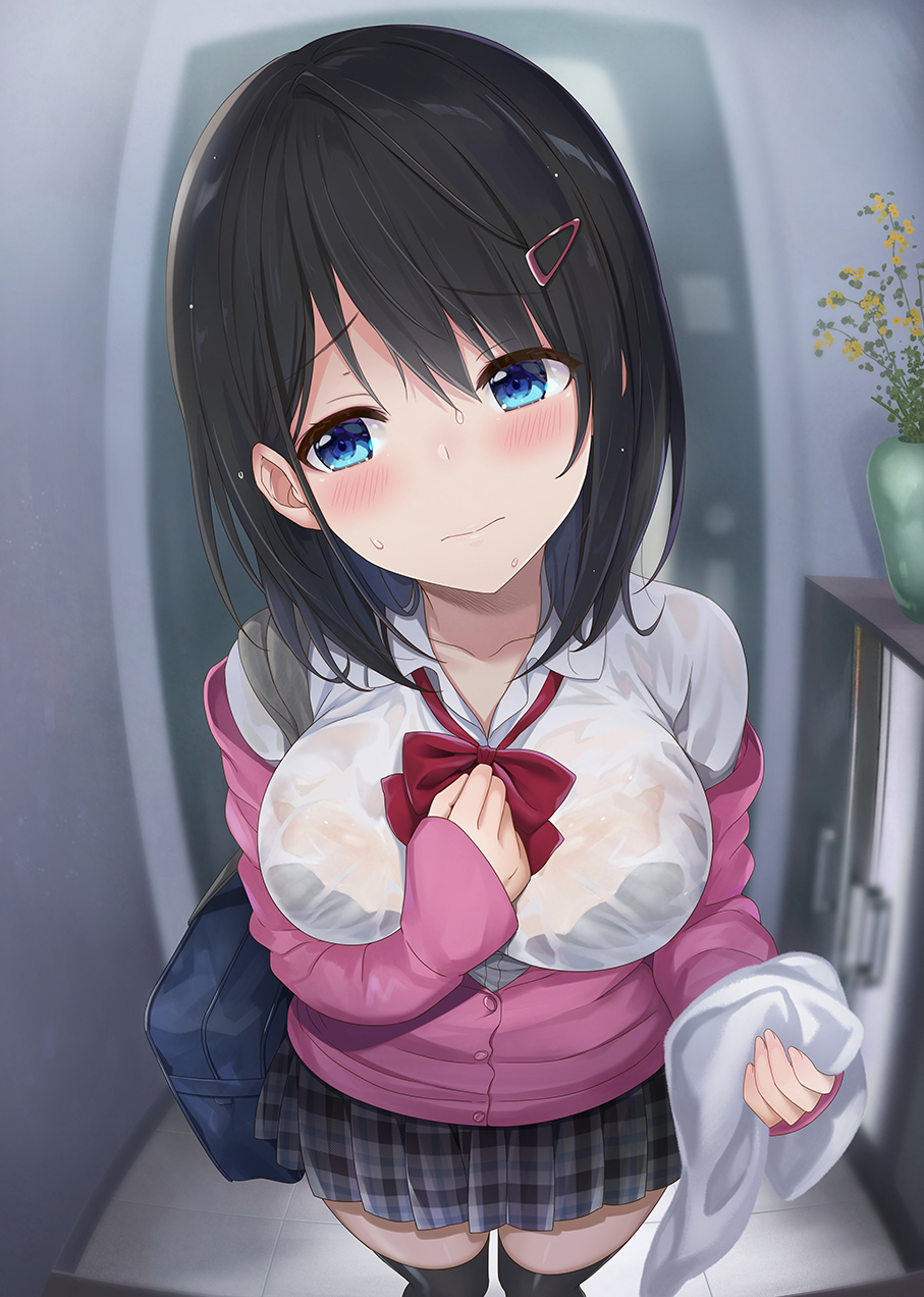 1girl 3: azuki_yui bag bangs black_bra black_hair black_legwear black_skirt blue_eyes blush bow bowtie bra breasts cardigan commentary_request door eyebrows_visible_through_hair fisheye hair_ornament hairclip hand_on_own_chest highres holding holding_towel indoors large_breasts light_frown long_sleeves miniskirt off_shoulder open_cardigan open_clothes original pink_cardigan plaid plaid_skirt pleated_skirt red_bow red_neckwear school_bag see-through shelf short_hair skirt sleeves_past_wrists solo thigh-highs towel underwear vase wet wet_clothes zettai_ryouiki