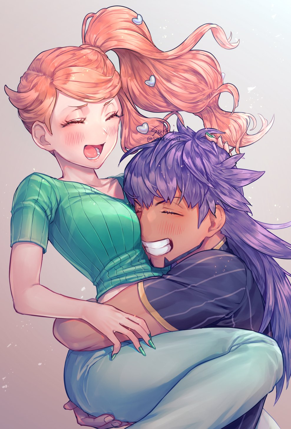 1boy 1girl blush commentary couple dark_skin dark_skinned_male facial_hair grin hair_ornament happy heart heart_hair_ornament hetero highres hug leon_(pokemon) long_hair nail_polish open_mouth orange_hair pokemon pokemon_(game) pokemon_swsh purple_hair sakai_(motomei) side_ponytail signature smile sonia_(pokemon) twitter_username