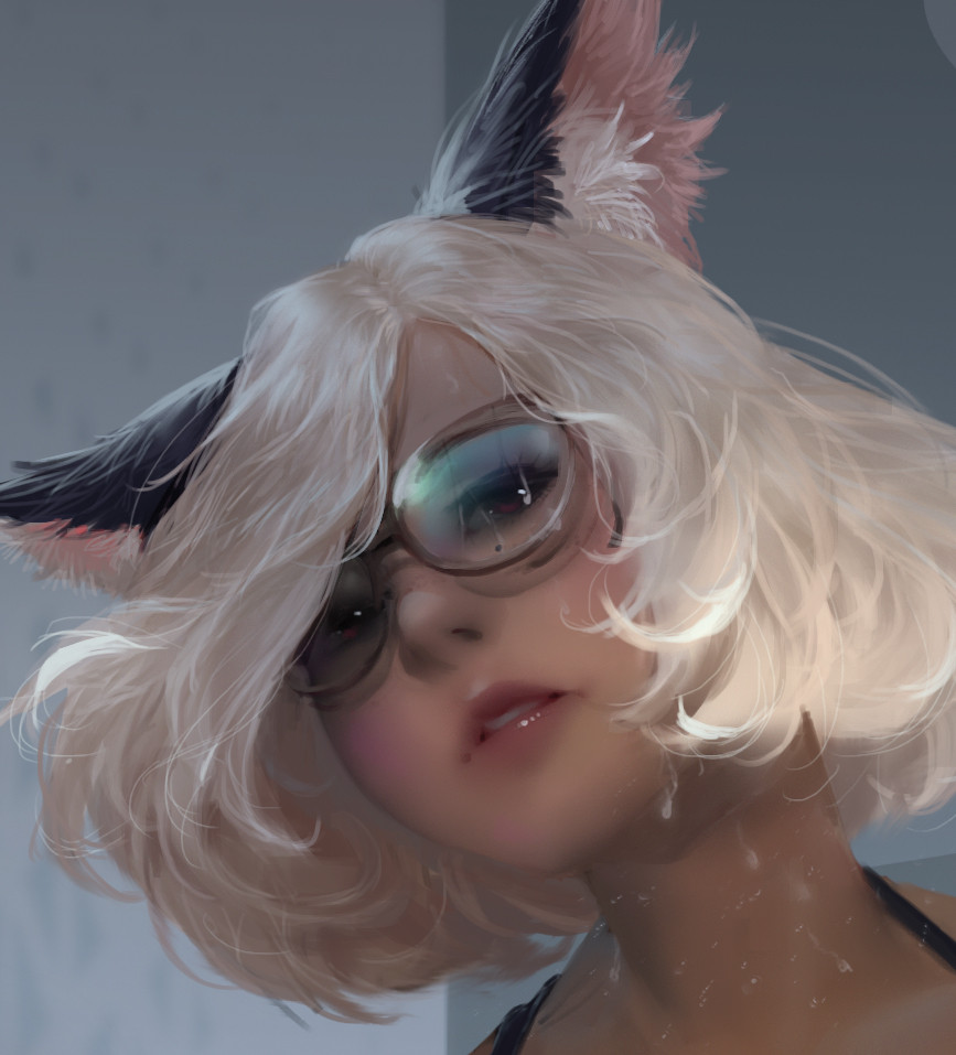 1girl animal_ear_fluff animal_ears bangs blonde_hair bob_cut brown-framed_eyewear cat_ears cat_girl eyelashes face glasses grey_background indoors lips looking_at_viewer mole mole_under_eye nose original parted_bangs parted_lips pink_lips portrait realistic red_eyes san_mufan shadow short_hair simple_background solo sweat swept_bangs wallpaper_(object) white_hair
