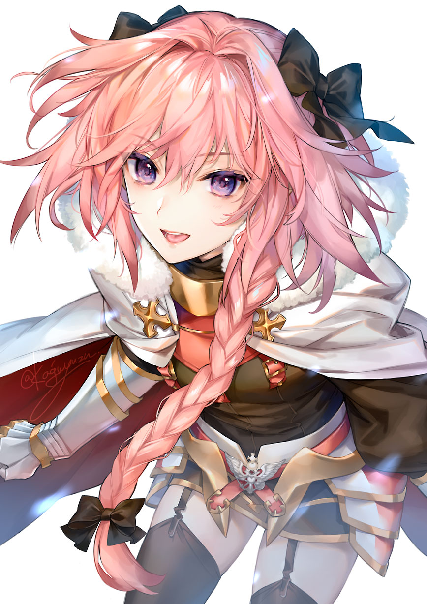 1boy astolfo_(fate) bangs black_bow black_dress black_legwear blush bow braid cape dress fate/apocrypha fate_(series) faulds fur-trimmed_cape fur_trim gauntlets gloves hair_intakes highres kaguyuzu long_braid long_hair long_sleeves looking_at_viewer multicolored_hair open_mouth otoko_no_ko pink_hair short_dress simple_background single_braid smile streaked_hair thigh-highs thighs violet_eyes white_background white_cape white_hair