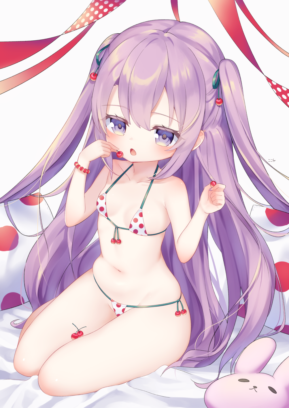 1girl bare_arms bare_legs bare_shoulders barefoot bed_sheet bikini blush breasts cherry cherry_hair_ornament collarbone commentary_request food food_themed_hair_ornament front-tie_bikini front-tie_top fruit green_ribbon hair_ornament hair_ribbon hands_up highres holding holding_food kokone_(coconeeeco) long_hair open_mouth original pillow polka_dot polka_dot_bikini purple_hair ribbon side-tie_bikini small_breasts solo stuffed_animal stuffed_bunny stuffed_toy swimsuit two_side_up very_long_hair violet_eyes white_background white_bikini