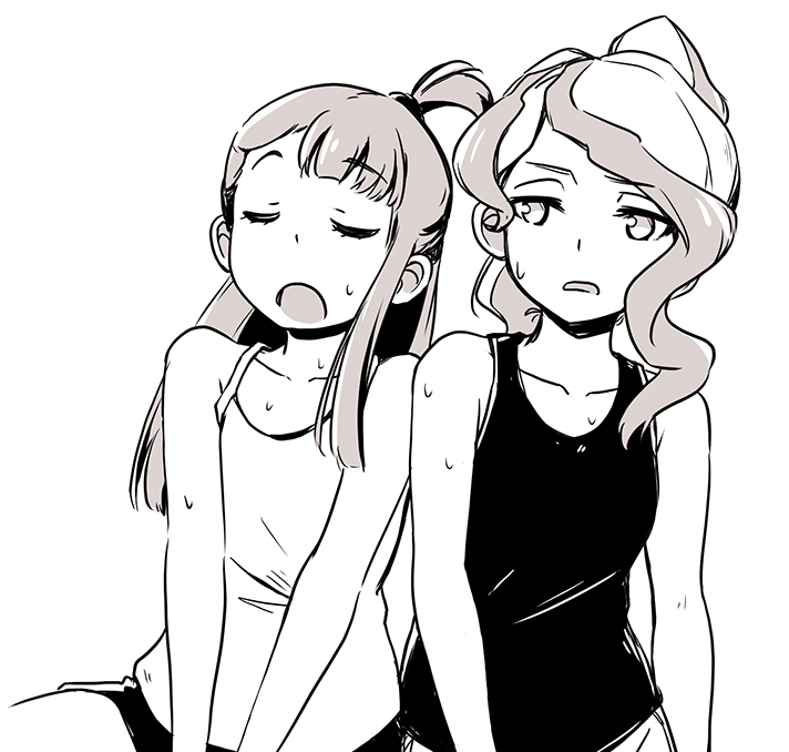 2girls alternate_costume alternate_hairstyle closed_eyes couple diana_cavendish hot kagari_atsuko little_witch_academia long_hair looking_at_another monochrome multiple_girls open_mouth ponytail simple_background sweat tank_top tonton_(mathcaca24) wavy_hair white_background yuri