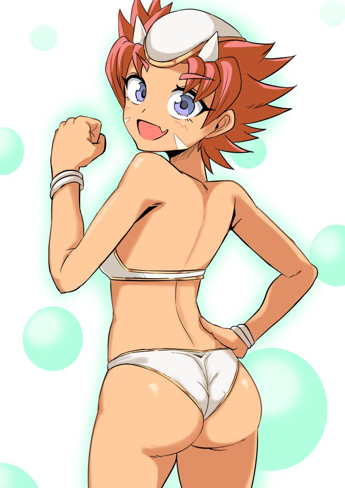 1girl ass blue_eyes breasts commentary_request cougar1404 facial_mark fang fist fuurai_no_shiren horns kirara_(fuurai_no_shiren) looking_at_viewer open_mouth red_hair short_hair smile solo swimsuit white_bikini