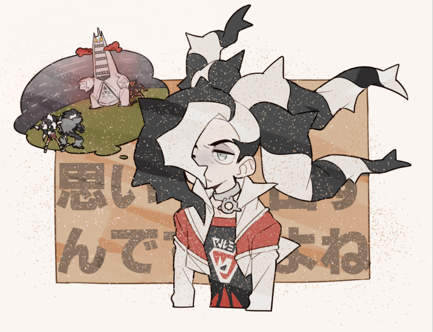2boys black_hair choker closed_mouth commentary_request cropped_jacket duraludon eyeshadow floating_hair gen_8_pokemon gigantamax gigantamax_duraludon grey_choker grey_eyes hair_over_one_eye long_sleeves makeup multicolored_hair multiple_boys obstagoon piers_(pokemon) pokemon pokemon_(creature) pokemon_(game) pokemon_swsh raihan_(pokemon) saku_anna sandstorm thought_bubble translation_request two-tone_hair unamused white_hair
